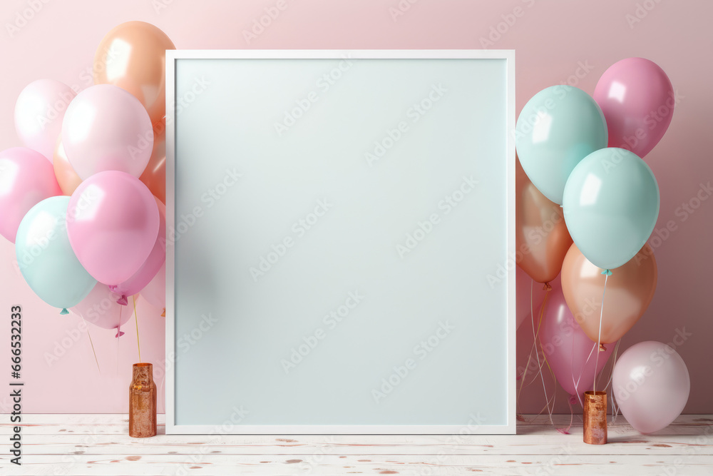 Background with balloons for birthday greeting card. Copy space for text - obrazy, fototapety, plakaty 