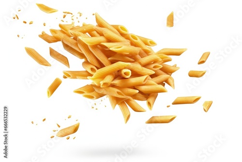Isolated penne rigate pasta falling on white background with clipping path photo