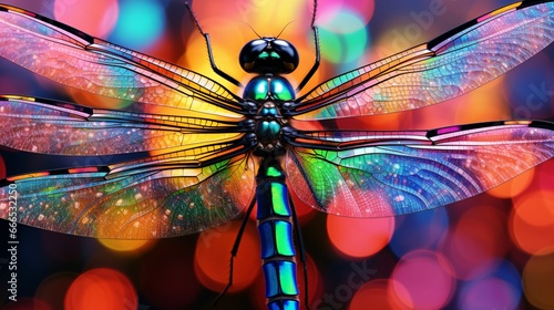 A close-up of a dragonfly's iridescent wings, each wing displaying a mosaic of vibrant colors. The wings are detailed down to the individual veins. © Sajawal