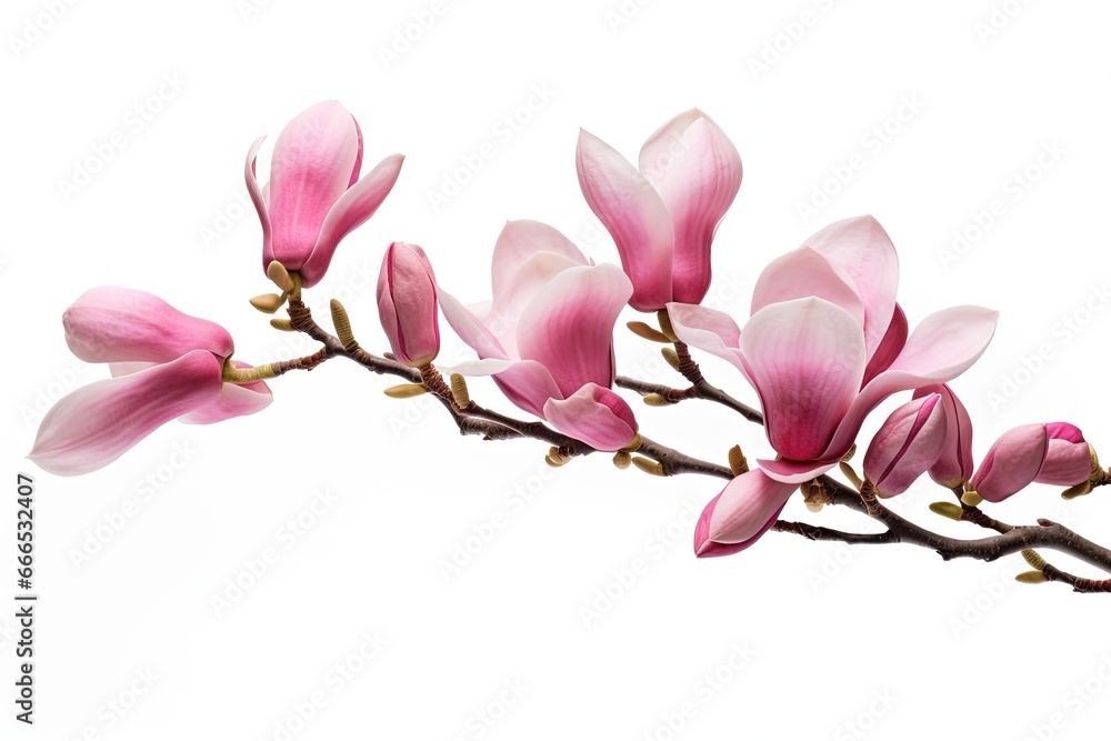 Fototapeta premium Isolated white branch with lovely pink magnolia blooms in spring