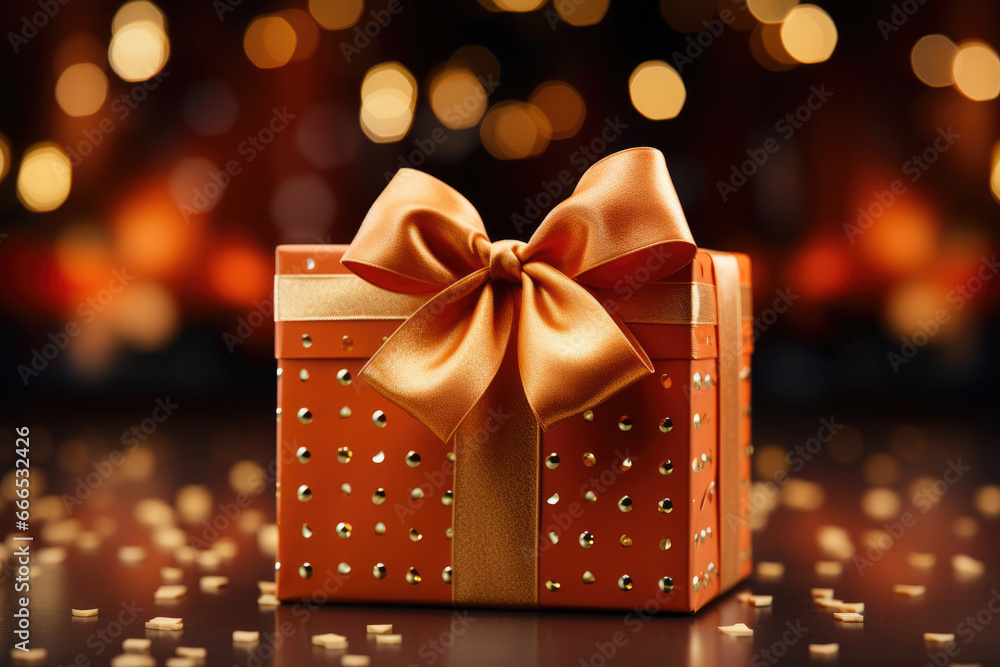 Gift box with golden satin ribbon and bow on yellow background.Holiday gift with Birthday or Christmas present, flat lay, top view, happy mother day copy space Gift box with golden satin ribbon and bow on yellow background.Holiday gift with Birthday or Christmas present, flat lay, top view, happy mother day copy space