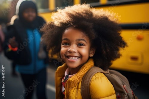 Portrait of young girls children and bus going back home looking forward smiling excited, Generative AI photo