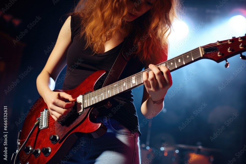 Obraz premium Rock woman singer with guitar stand and performing on stage, Generative AI