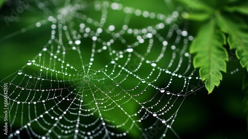 A close-up of a spider's web glistening with dewdrops. The delicate silk threads form an intricate, symmetrical pattern against a backdrop of lush green foliage.
