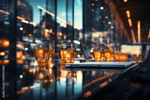 Glasses of wiskey on a sky bar in city ai genrated art.  photo