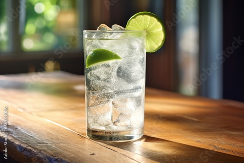 A sunlit room sets the stage for a tempting glass of club soda with a lime garnish