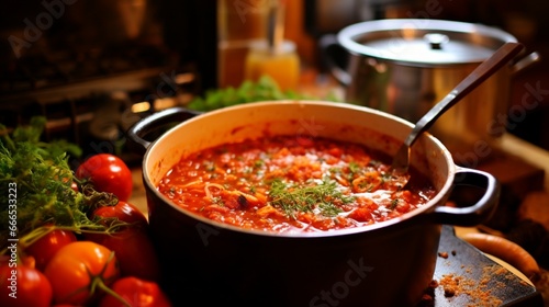 Fotografie, Obraz a bubbling pot of homemade tomato sauce, simmering on a stove, with herbs and sp