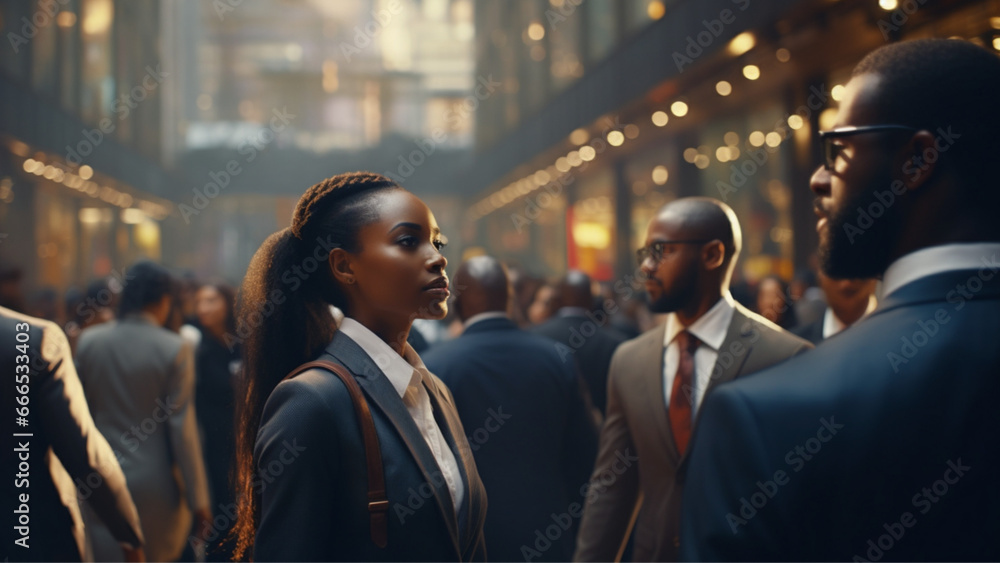 imagine african business men and women from the back in an african place of a modern african city - obrazy, fototapety, plakaty 