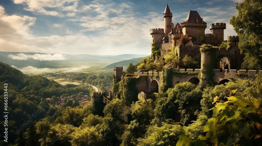 a centuries-old, ivy-covered castle perched on a hill, overlooking a charming, medieval village below