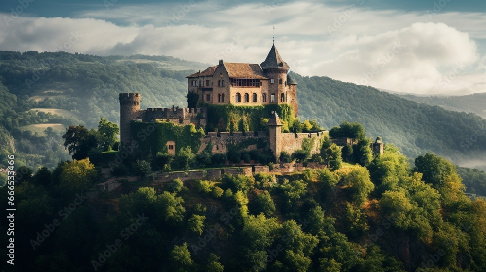 a centuries-old, ivy-covered castle perched on a hill, overlooking a charming, medieval village below