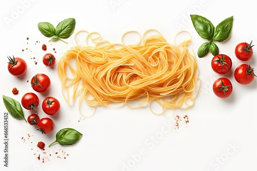 Top down view of fettuccine and spaghetti with pasta ingredients on a white background