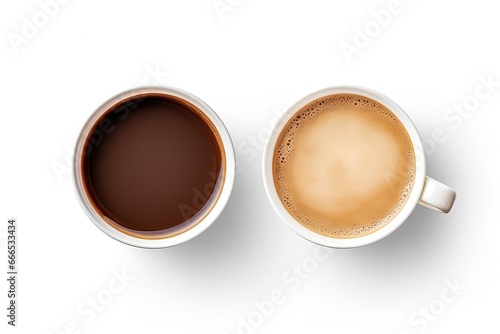 Top down view of two coffee cups positioned on white background photo