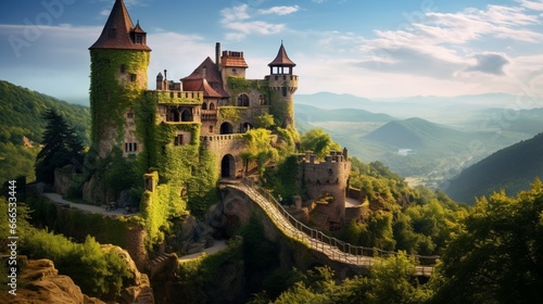 a centuries-old, ivy-covered castle perched on a hill, overlooking a charming, medieval village below photo
