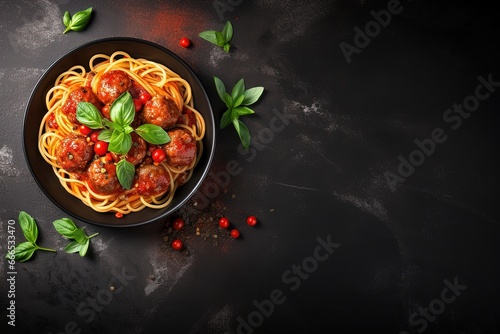 Top view copy space black bowl of spaghetti meatballs in tomato sauce on a dark slate