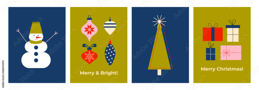 Set of modern Christmas greeting cards in minimalistic style. Scandinavian winter. Retro vintage vibes. Snowman, Christmas tree, festive decorations and baubles, gifts.