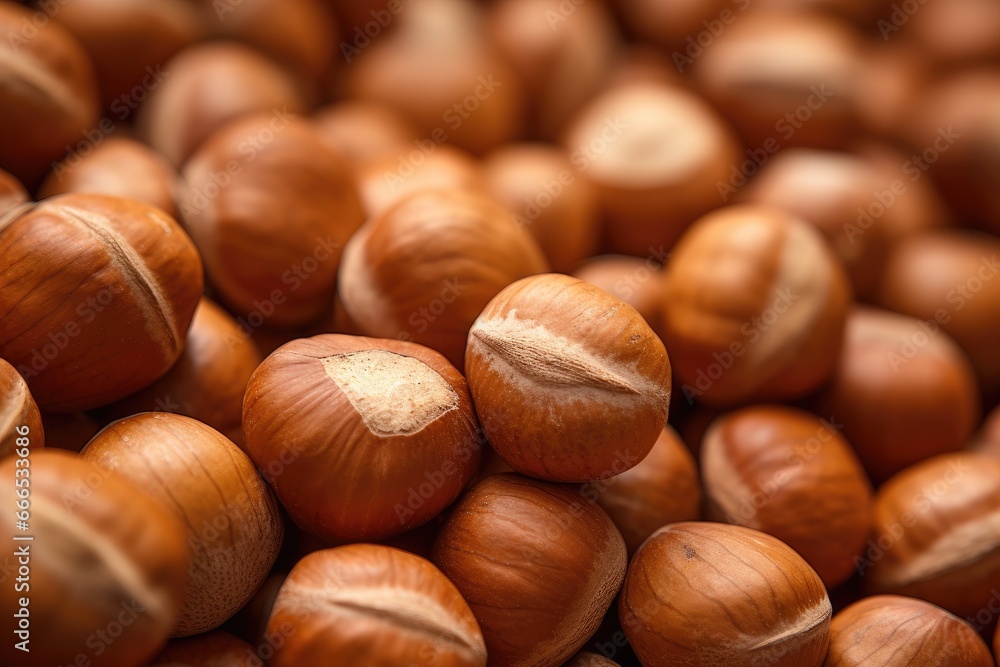 Obraz premium Macro close up of hazelnut kernels on a food background