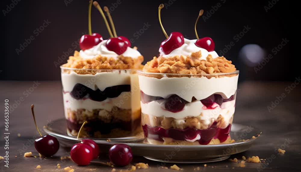 A dessert made of layers of crumbly base, yogurt, and cherries, topped with whipped cream and whole cherries on a dark background. A dessert made of layers of crumbly base, yogurt, and cherries, topped with whipped cream and whole cherries on a dark background.