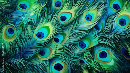 A close-up of intricate peacock feathers, with each feather displaying a stunning array of iridescent blues and greens. The feather patterns are detailed and mesmerizing. © Sajawal