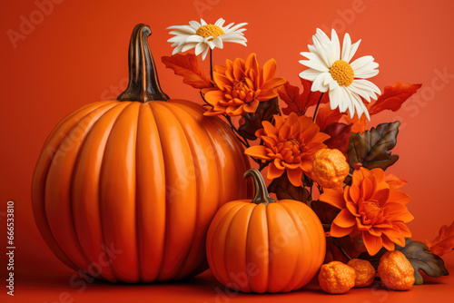 Autumn composition of pumpkins and flowers on an orange background