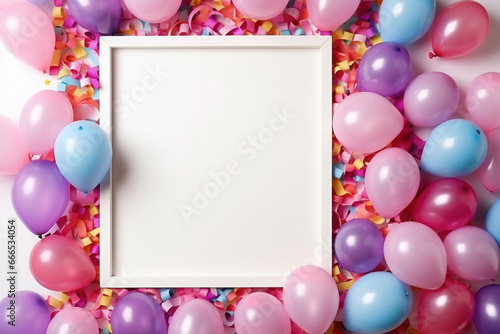 Frame and colored balloons, birthday or party mockup. Copy space for text
