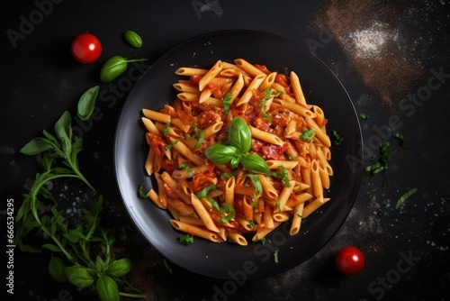 Penne pasta with tomato sauce meat and pea sprouts on a dark table top view