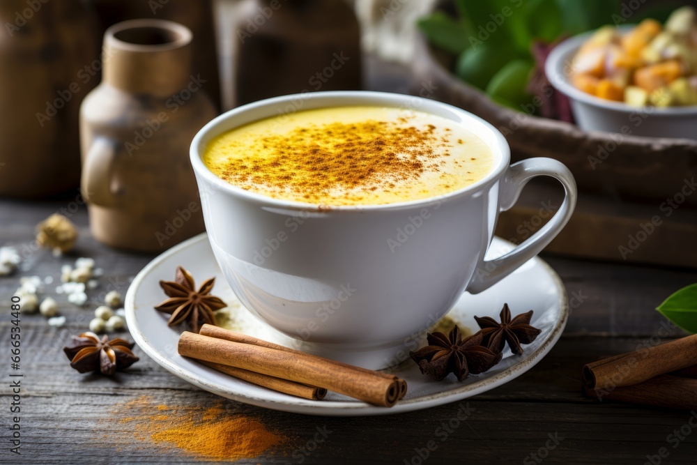 A comforting mug of Ginger Turmeric Latte adorned with a dusting of cinnamon in a quaint cafe setting