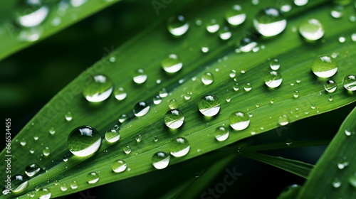 A close-up of dew-kissed blades of grass, each one adorned with delicate droplets, glistening like nature's own jewels