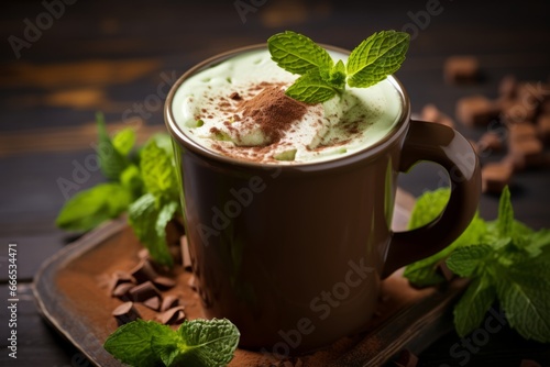 Indulge in the comforting warmth of a mint chocolate latte in a quaint cafe setting