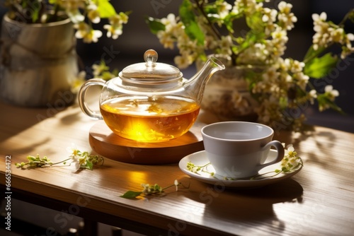A Serene Moment Captured with a Hot Cup of Osmanthus Tea and a Traditional Chinese Tea Set Amidst Fresh Flowers