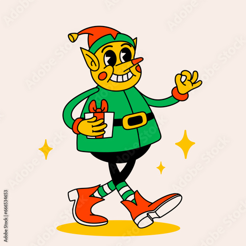 Retro style Funny cartoon christmas elf Groovy vintage 70s Elf character with...