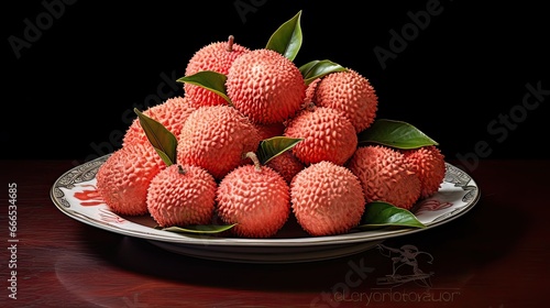 An arrangement of tropical lychee fruits, their spiky shells intact. Exotic, sweet, juicy, tantalizing, tropical treasure, distinctive, captivating, tropical escape, irresistible. Generated by AI.