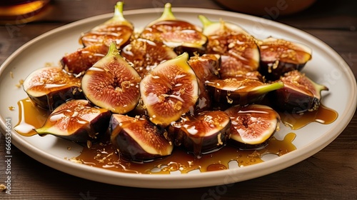 A plate showcasing sweet and sticky figs, drizzled with luscious golden honey. Decadent, dessert perfection, mouthwatering, indulgence, fresh, natural sweetness, irresistible. Generated by AI.