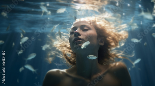 Model underwater. Calm relaxation concept. Editorial concept.