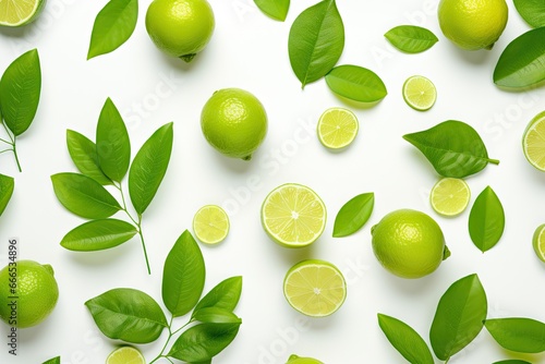 Singular limes with leaves white background top view