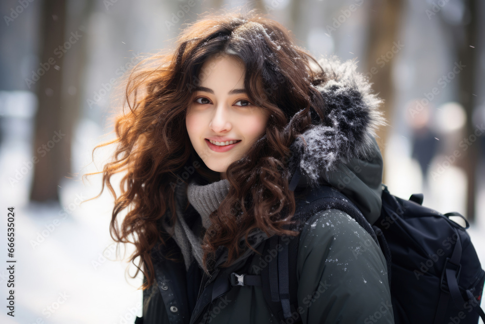 Cute beautiful Asian girl on the street in winter Cute beautiful Asian girl on the street in winter