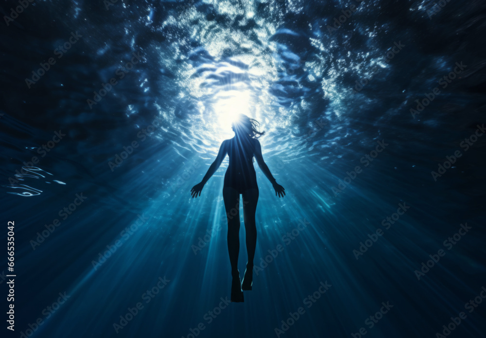 Portrait of a woman under water. Calm relaxation concept. Editorial concept.