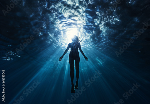 Portrait of a woman under water. Calm relaxation concept. Editorial concept.