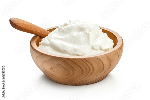 Sour cream or yogurt alone in wooden bowl on white backdrop