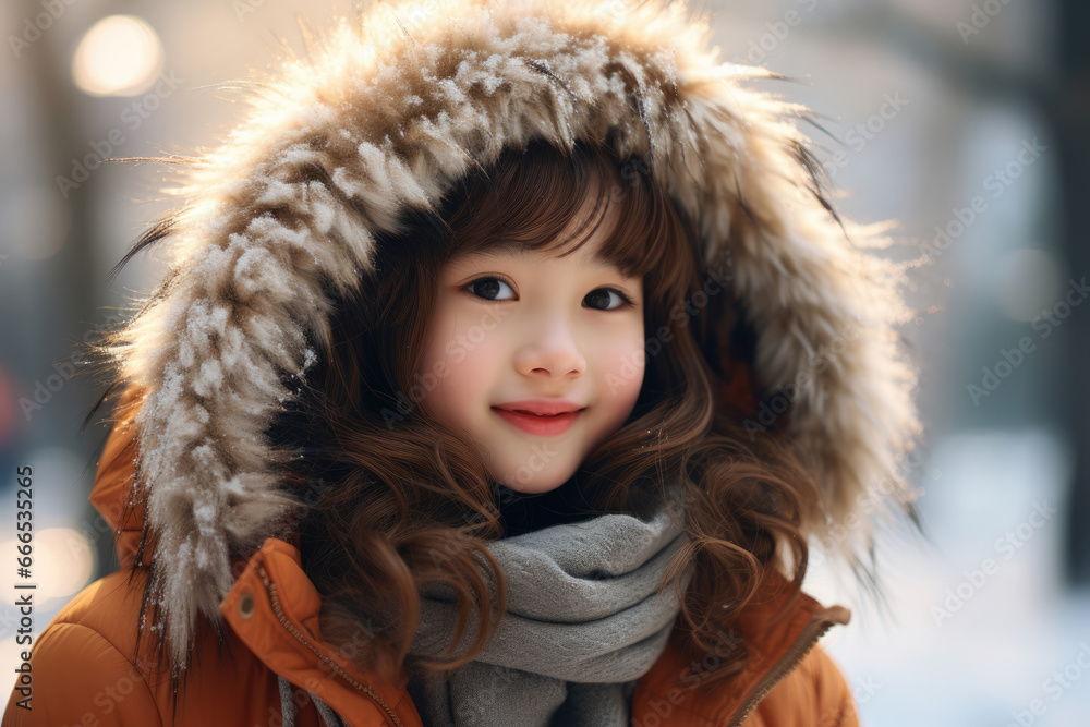 Cute Asian little girl in winter in warm clothes Cute Asian little girl in winter in warm clothes