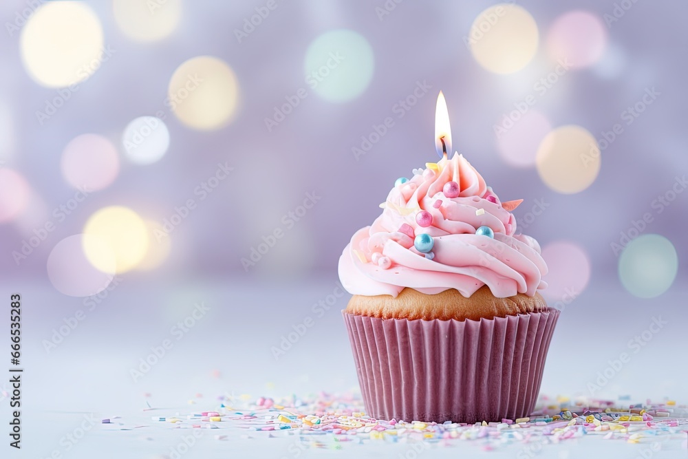 Tasty bday cupcake on table with bright backdrop Tasty bday cupcake on table with bright backdrop