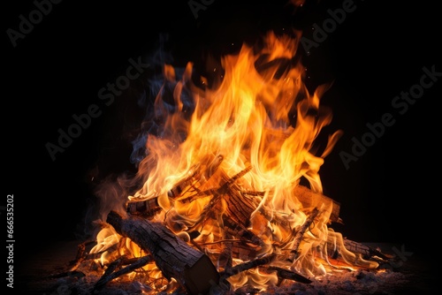 Stunning photo of a solitary bonfire with intense yellow and orange flames representing the incomplete burning of firewood to keep the surroundings warm on w
