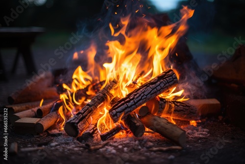 Summer evening bonfire with flaming wood against a dark backdrop