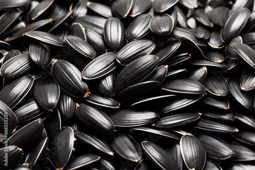 Sunflower black seeds in a close up capture isolated on a white background