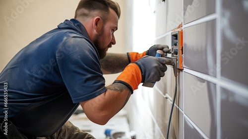 A tile installer meticulously laying ceramic tiles in a bathroom shower. Bathroom tile installation, precision craftsmanship, ceramic elegance, shower transformation, skilled tiling. Generated by AI. photo