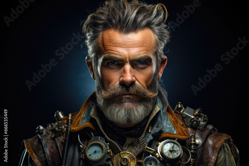 Portrait of a courageous steampunk man on a dark background © Michael
