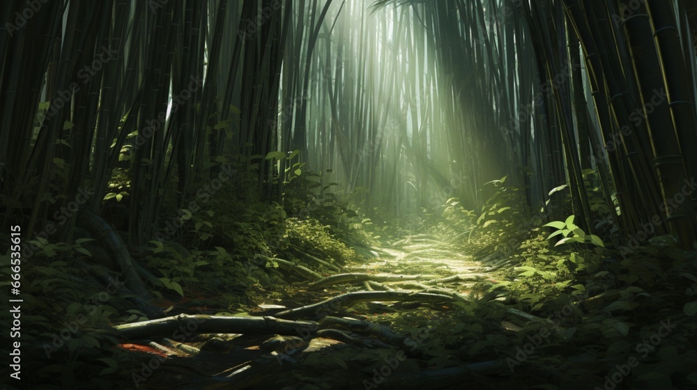 A dense forest of towering bamboo shoots, their slender forms reaching towards the sky. The bamboo leaves create a pattern of light and shadow on the forest floor.
