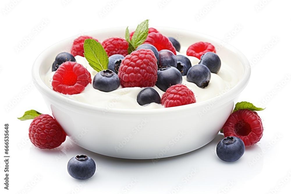 White yogurt with berries in ceramic bowl isolated White yogurt with berries in ceramic bowl isolated