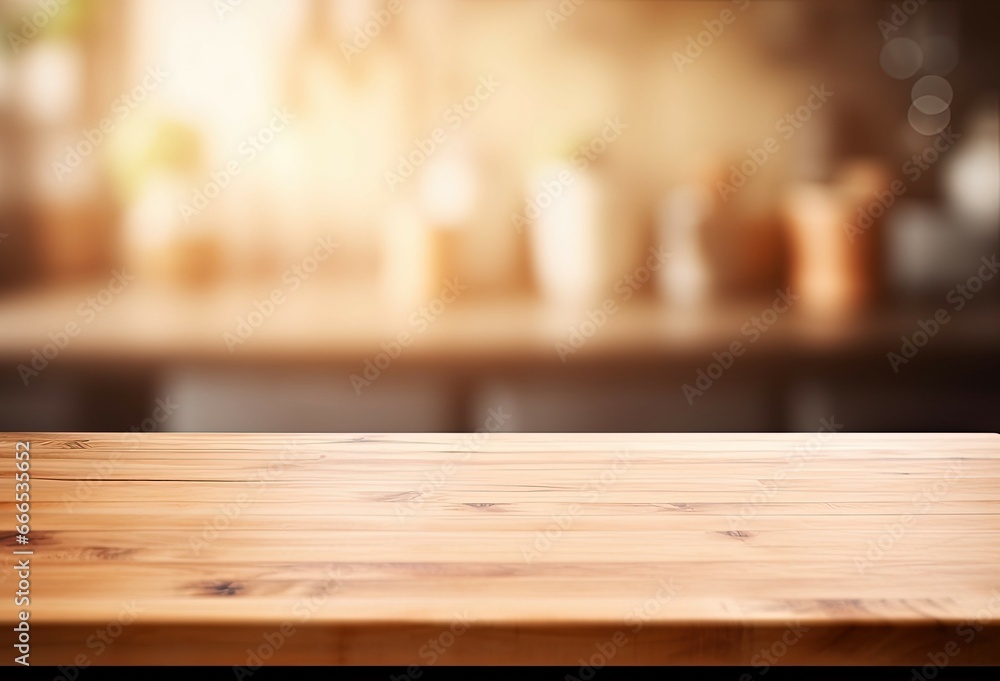 Wood table on kitchen background for product display or visual design