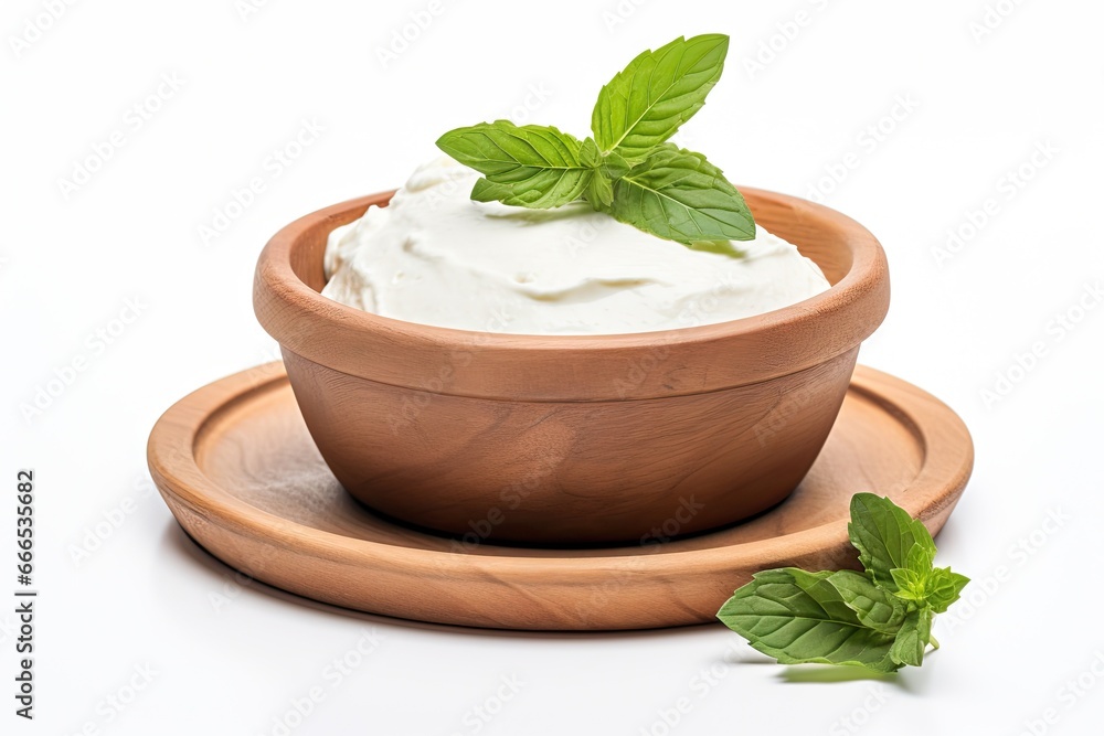 Wooden bowl with sour cream yogurt and basil leaves isolated on white background Wooden bowl with sour cream yogurt and basil leaves isolated on white background