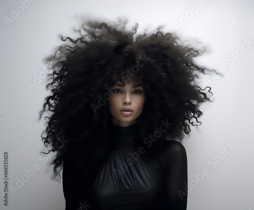 A young Afro American girl with curly hair in a contrasting composition black in relation to white. © Vuk